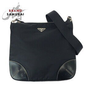 PRADA triangular logo plate black nylon leather shoulder bag pochette